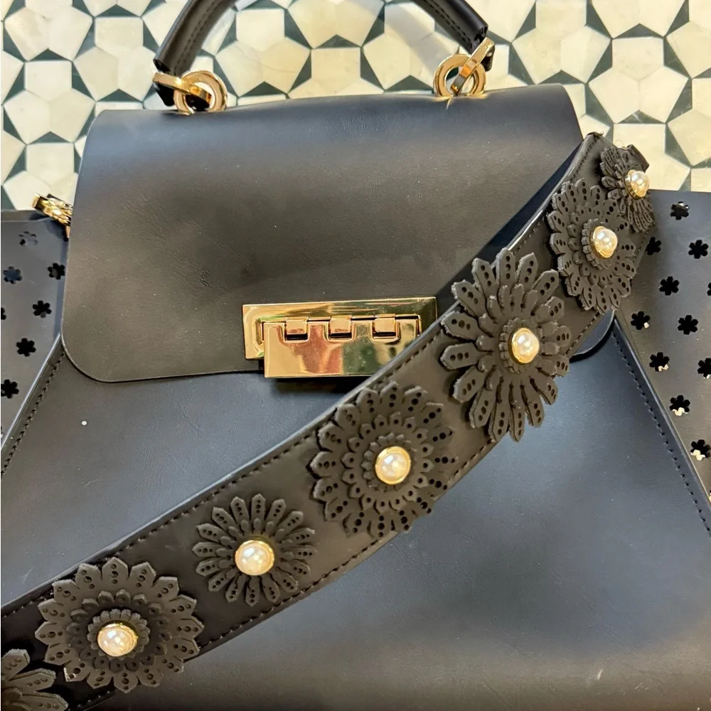 ♠️👜 Zac Posen Black Leather Top-Handle Satchel with Floral Embellished Strap 👜♠️